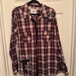 Maurices Burgundy and Black Plaid Shirt with Embroidery